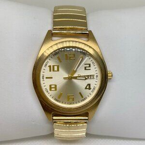 Decree gold tone unisex watch 34mm round case quartz band size 7” running